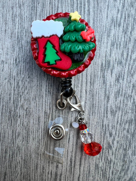 Christmas badge reel, X-mas badge, Christmas Tree badge, Stocking Badge, Reindeer Badge, Candy Cane Badge, Santa Badge, Holiday Badge